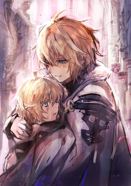 Anime picture 723x1023 with owari no seraph wit studio hyakuya mikaela amamitsu kousuke tall image fringe short hair blue eyes blonde hair hair between eyes payot looking away ahoge upper body parted lips head tilt profile pointy ears hug tears