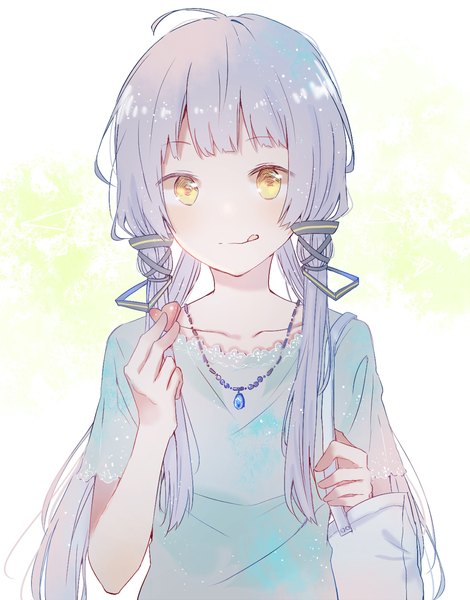 Anime picture 1000x1276 with vocaloid vocaloid china xingchen yuu mo single long hair tall image looking at viewer blush fringe smile holding yellow eyes silver hair upper body ahoge short sleeves :q tress ribbon girl