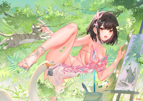 Anime picture 2200x1559 with original atdan single looking at viewer fringe highres short hair breasts open mouth light erotic red eyes brown hair large breasts standing signed bent knee (knees) outdoors blunt bangs :o standing on one leg