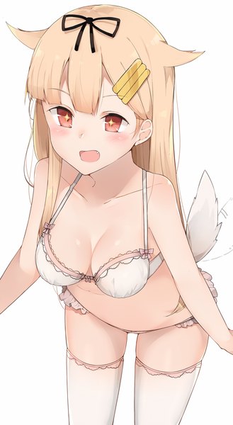 Anime picture 872x1590 with kantai collection yuudachi destroyer cole single long hair tall image blush fringe breasts open mouth light erotic simple background blonde hair red eyes large breasts white background bare shoulders looking away tail animal tail