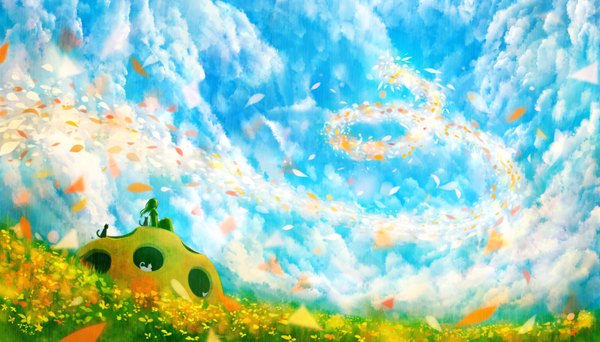 Anime picture 1470x840 with original bounin long hair fringe wide image sitting sky cloud (clouds) wind from behind back looking up field girl flower (flowers) plant (plants) animal cat