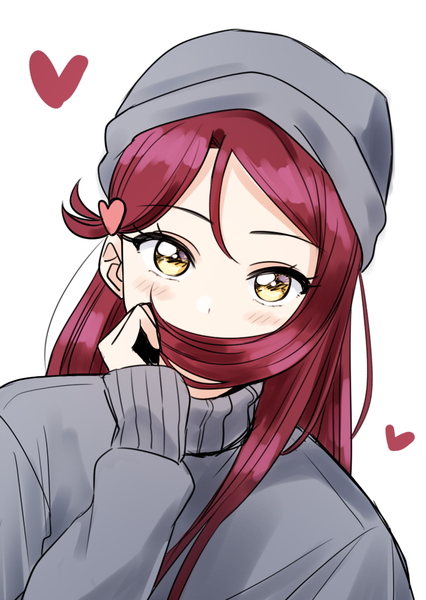 Anime picture 710x1000 with love live! sunshine!! sunrise (studio) love live! sakurauchi riko deadnooodles single long hair tall image looking at viewer blush fringe simple background white background yellow eyes upper body red hair long sleeves dutch angle covered mouth girl