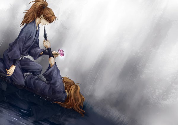 Аниме картинка 1300x914 с мальчик-ниндзя рантаро sumesora длинные волосы каштановые волосы причёска конский хвост отражение близнецы сёнэн-ай цветок (цветы) оружие вода нож ниндзя