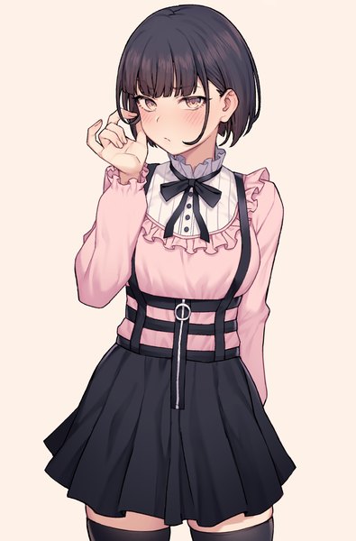Anime picture 4000x6070 with idolmaster idolmaster shiny colors mayuzumi fuyuko jp06 single tall image looking at viewer blush fringe highres short hair black hair simple background standing white background absurdres blunt bangs long sleeves pleated skirt pink eyes