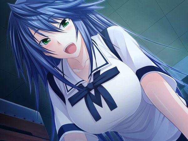 Anime picture 1600x1200 with maji de watashi ni koi shinasai! itagaki tatsuko long hair blush open mouth green eyes blue hair game cg girl uniform school uniform