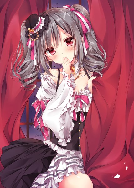 Anime picture 586x820 with idolmaster idolmaster cinderella girls kanzaki ranko nogi takayoshi single long hair tall image looking at viewer blush fringe hair between eyes red eyes sitting twintails bare shoulders silver hair head tilt wide sleeves covered mouth lolita fashion