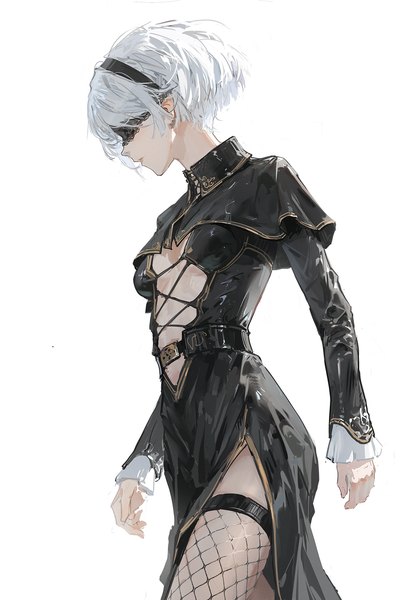 Anime picture 1300x1859 with nier nier:automata yorha no. 2 type b dino (dinoartforame) single tall image short hair light erotic simple background standing white background white hair long sleeves profile alternate costume blindfold girl thighhighs dress black dress