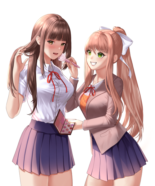 Anime picture 2954x3551 with doki doki literature club monika (doki doki literature club) protagonist (doki doki literature club) potetos7 long hair tall image blush fringe highres breasts open mouth simple background smile hair between eyes brown hair large breasts standing white background multiple girls holding
