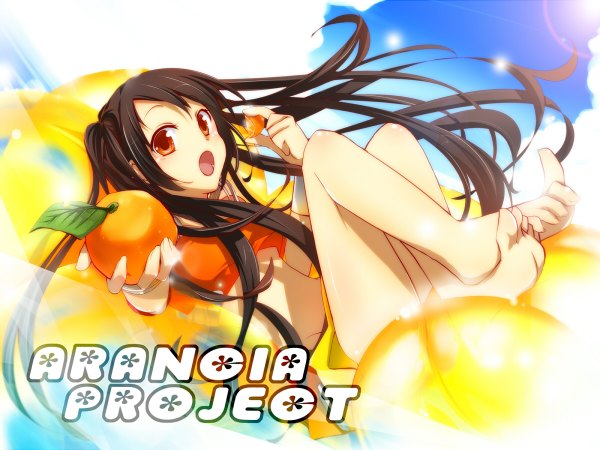 Anime picture 1200x900 with arancia project original arancia haru aki long hair open mouth black hair barefoot orange hair orange eyes girl orange (fruit)