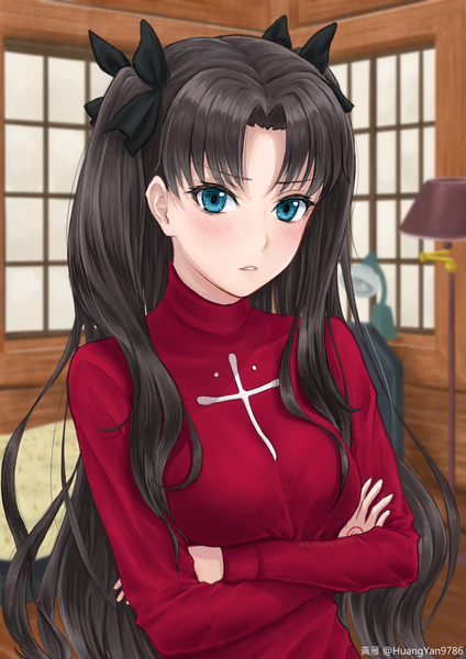 Anime picture 1000x1414 with fate (series) fate/stay night toosaka rin huangyan9786 single long hair tall image looking at viewer blush fringe blue eyes black hair standing signed upper body indoors long sleeves parted lips two side up twitter username