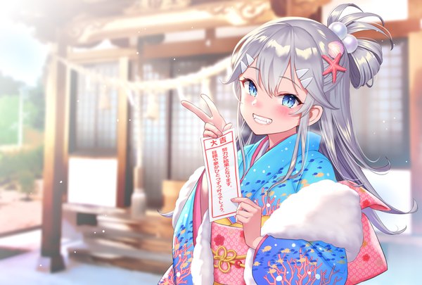 Anime picture 2796x1889 with original re:shimashima single long hair looking at viewer blush fringe highres open mouth blue eyes smile hair between eyes standing holding silver hair upper body outdoors long sleeves traditional clothes :d