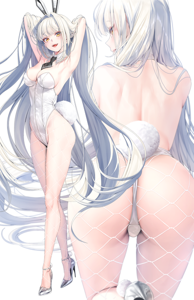 Anime picture 1000x1550 with goddess of victory: nikke blanc (nikke) ruhee long hair tall image looking at viewer fringe breasts open mouth light erotic simple background large breasts white background animal ears yellow eyes full body ass white hair tail blunt bangs