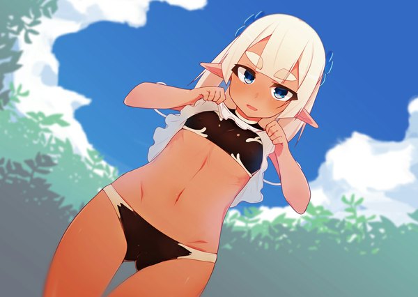 Anime picture 1175x835 with original maze (gochama ze gohan) single long hair looking at viewer blush breasts blue eyes light erotic white hair pointy ears erect nipples covered nipples flat chest cameltoe girl swimsuit