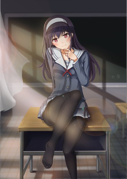 Anime picture 2480x3507 with saenai heroine no sodatekata a-1 pictures kasumigaoka utaha ookuma (qq) single long hair tall image looking at viewer blush fringe highres light erotic black hair smile red eyes sitting signed indoors head tilt pleated skirt