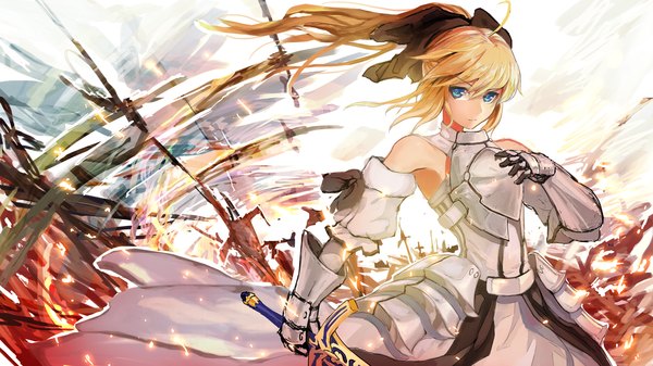 Anime picture 1536x864 with fate (series) fate/unlimited codes type-moon artoria pendragon (all) saber saber lily shengkong (prank) single long hair looking at viewer fringe blue eyes blonde hair wide image holding ponytail armpit (armpits) girl dress gloves