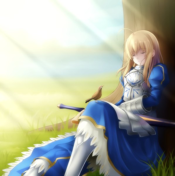 Anime picture 1920x1927 with fate (series) fate/stay night fate/zero studio deen type-moon artoria pendragon (all) saber qiuzhi huiyi single long hair tall image highres blonde hair ahoge eyes closed girl dress weapon plant (plants) animal