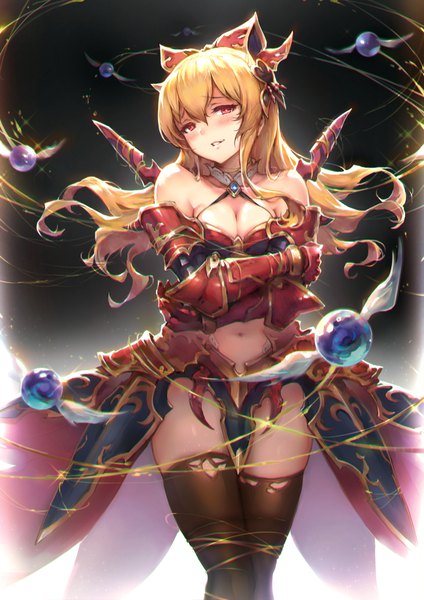 Anime picture 778x1100 with granblue fantasy vira lilie haoni single long hair tall image looking at viewer blush fringe breasts light erotic blonde hair red eyes standing bare shoulders cleavage ponytail light smile crossed arms girl