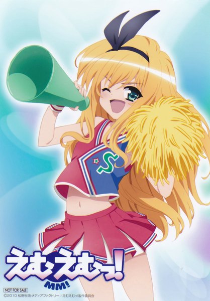 Anime picture 1032x1480 with mm! xebec isurugi mio tall image open mouth blonde hair green eyes one eye closed wink skirt bow megaphone