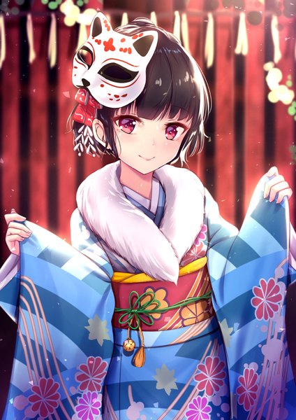 Anime-Bild 744x1052 mit original yan (nicknikg) single tall image looking at viewer blush fringe short hair black hair smile red eyes standing holding blunt bangs traditional clothes japanese clothes blurry fur trim floral print new year