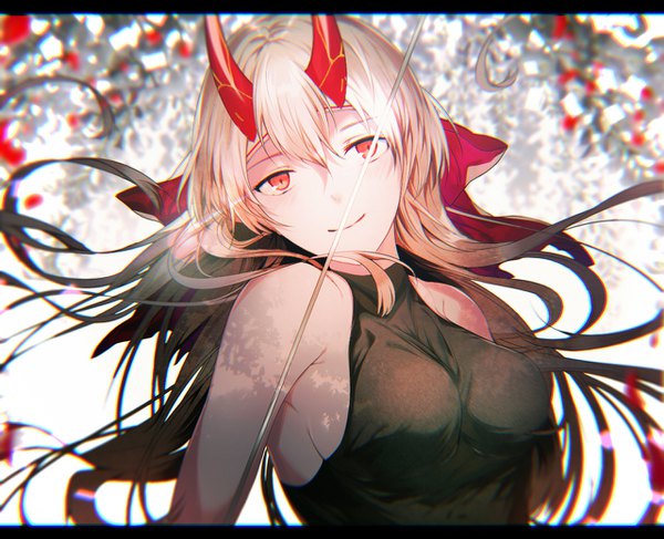 Anime picture 1280x1040 with fate (series) fate/grand order tomoe gozen (fate) leo (feeling goooood) single long hair looking at viewer blush fringe breasts light erotic hair between eyes red eyes large breasts bare shoulders payot silver hair upper body traditional clothes head tilt