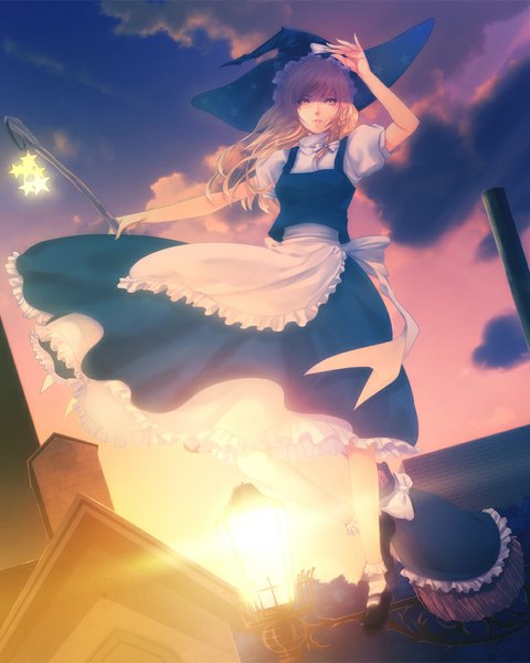 Anime picture 800x1000 with touhou kirisame marisa porigon single long hair tall image looking at viewer blonde hair yellow eyes evening sunset witch girl dress skirt witch hat skirt set broom