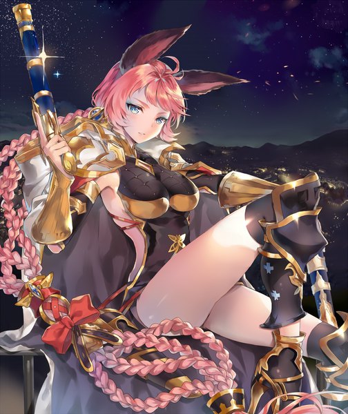 Anime picture 1000x1190 with granblue fantasy tien (granblue fantasy) hinahino single tall image looking at viewer blush breasts blue eyes light erotic sitting holding animal ears ahoge bent knee (knees) braid (braids) very long hair parted lips night sparkle