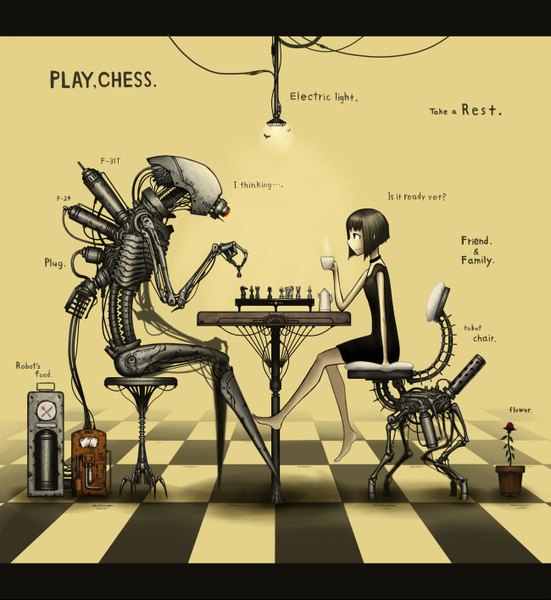 Anime picture 1300x1415 with original gia tall image short hair black hair sitting barefoot black eyes inscription legs letterboxed girl collar cup robot chess