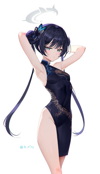 Anime picture 1245x2170 with blue archive kisaki (blue archive) rity single long hair tall image blue eyes light erotic black hair simple background standing white background twintails signed traditional clothes hair bun (hair buns) twitter username covered navel chinese clothes arms behind head