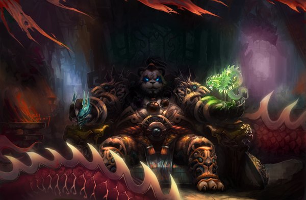 Anime picture 1650x1080 with world of warcraft blizzard entertainment killingrock blue eyes ponytail magic glowing glowing eye (eyes) armor dragon armchair claws throne panda