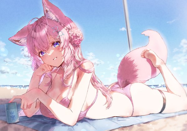 Anime picture 4297x3000 with virtual youtuber hololive hakui koyori eshineko single long hair highres breasts blue eyes light erotic large breasts animal ears pink hair absurdres sky ahoge ass tail lying animal tail