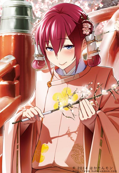 Anime picture 705x1024 with rail wars! sakurai aoi hakatanmon single tall image looking at viewer blush short hair blue eyes smile red hair traditional clothes hair flower girl hair ornament flower (flowers) branch
