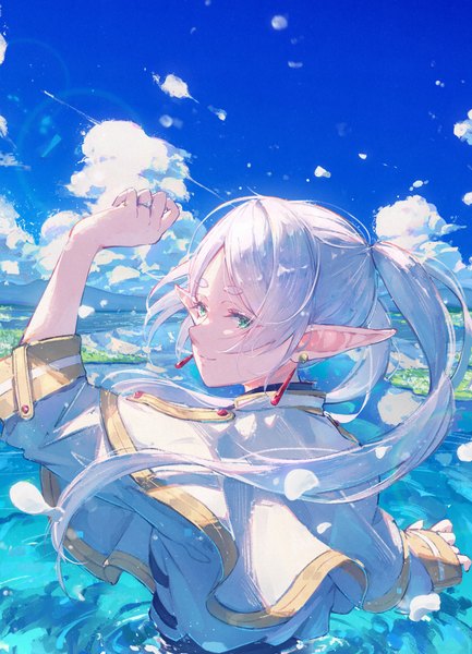 Anime picture 2784x3860 with sousou no frieren frieren fuunyon single long hair tall image highres twintails green eyes sky silver hair cloud (clouds) upper body pointy ears elf girl earrings ring wedding band