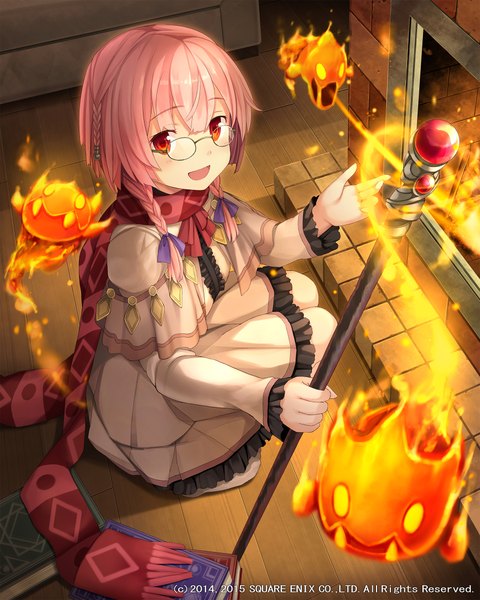 Anime picture 1800x2250 with lost crusade square enix namaru (summer dandy) single tall image looking at viewer highres short hair open mouth red eyes pink hair official art girl dress glasses staff fire fireplace