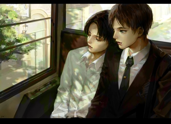 Anime picture 1200x874 with shingeki no kyojin production i.g eren yaeger levi (rivaille) par short hair blue eyes black hair brown hair sitting looking away eyes closed sunlight multiple boys open collar boy plant (plants) tree (trees) necktie 2 boys