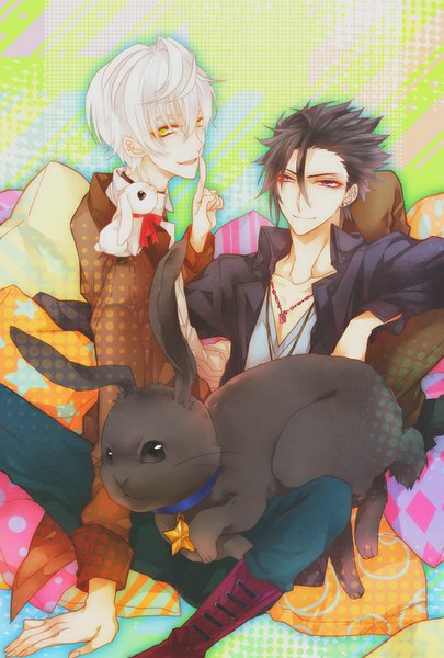 Anime picture 650x962 with tsukiuta mutsuki hajime shimotsuki shun tagme (artist) tall image short hair black hair smile sitting purple eyes yellow eyes white hair looking back open clothes open jacket multiple boys open shirt finger to mouth boy animal