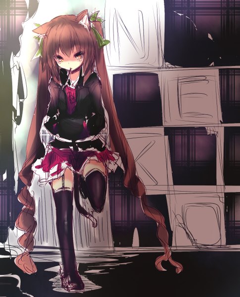 Anime picture 1024x1268 with original neko (naomi) naomi (sekai no hate no kissaten) single tall image looking at viewer blush fringe brown hair standing twintails brown eyes animal ears payot full body bent knee (knees) very long hair pleated skirt cat ears character names