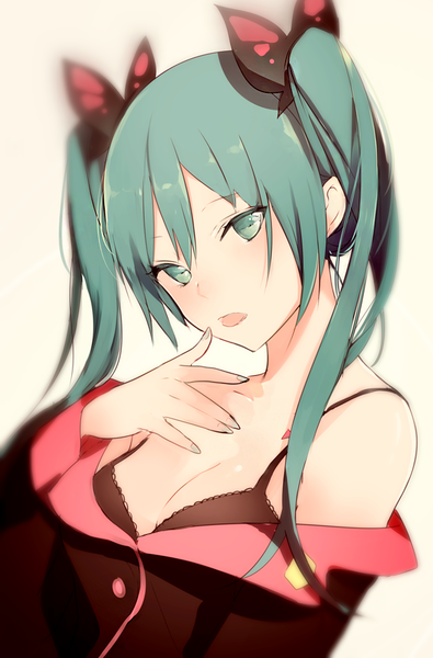Anime picture 582x882 with project diva project diva f vocaloid sweet devil (vocaloid) hatsune miku lpip single long hair tall image looking at viewer blush fringe breasts open mouth light erotic simple background hair between eyes large breasts white background twintails