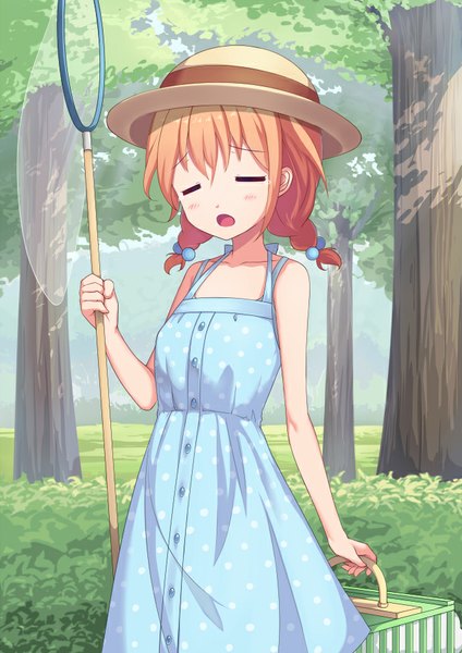 Anime picture 636x900 with gochuumon wa usagi desu ka? white fox hoto cocoa saiste single tall image blush fringe short hair open mouth standing braid (braids) eyes closed orange hair twin braids polka dot girl dress plant (plants) tree (trees)