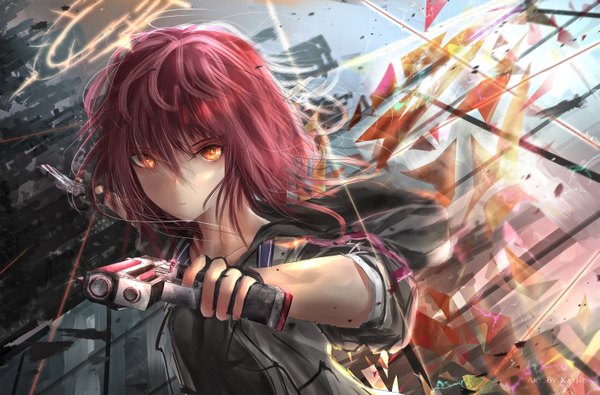 Anime picture 3010x1984 with arknights exusiai (arknights) kayjae single looking at viewer fringe highres short hair hair between eyes holding payot upper body red hair wind open jacket orange eyes dual wielding broken glass girl gloves