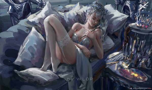 Anime picture 1892x1126 with ghost blade yan (ghost blade) wlop long hair blush fringe highres light erotic hair between eyes wide image holding signed cleavage full body bent knee (knees) ass indoors lying eyes closed head tilt