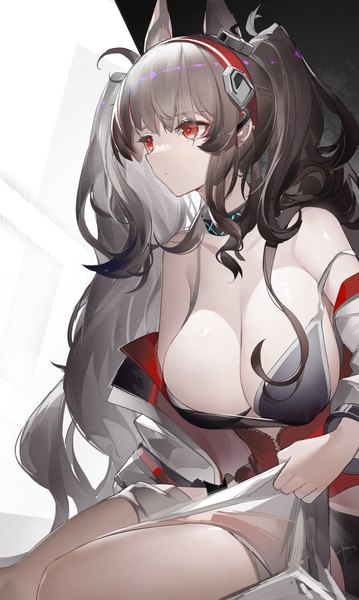 Anime picture 2480x4146 with arknights angelina (arknights) yushi quetzalli single long hair tall image fringe highres breasts light erotic red eyes brown hair large breasts sitting twintails animal ears payot looking away cleavage covered nipples