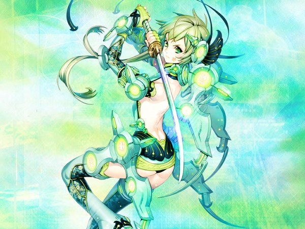 Anime picture 1024x768 with green eyes looking back green background weapon over shoulder weapon sword katana