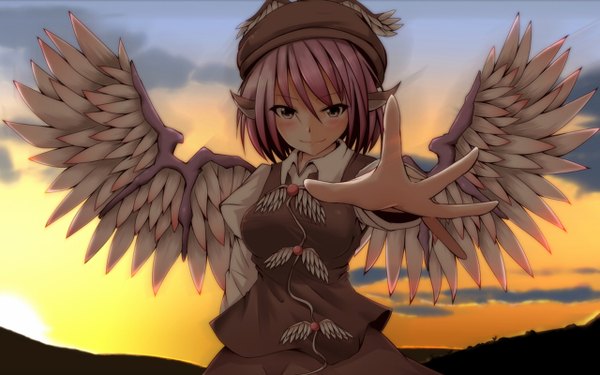 Anime picture 1280x800 with touhou mystia lorelei blush short hair smile wide image brown eyes pink hair pointy ears outstretched arm evening sunset girl wings bandana