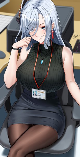 Anime picture 1022x2000 with genshin impact shenhe (genshin impact) piukute062 single long hair tall image looking at viewer fringe breasts blue eyes light erotic large breasts sitting bare shoulders signed silver hair indoors from above blurry hair over one eye