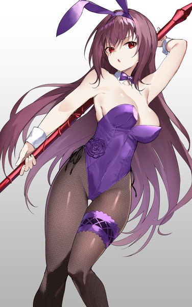 Anime picture 1404x2240 with fate (series) fate/grand order scathach (fate) (all) scathach (fate) scathach (piercing bunny) (fate) yuuuuu single long hair tall image fringe breasts open mouth light erotic simple background hair between eyes red eyes large breasts holding animal ears cleavage