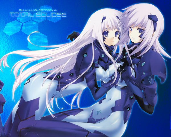 Anime picture 1280x1024 with muv-luv alternative muvluv total eclipse muv-luv cryska barchenowa inia sestina miyata sou long hair looking at viewer breasts blue eyes light erotic large breasts multiple girls white hair copyright name covered navel holding hands girl gloves 2 girls