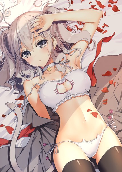 Anime picture 1000x1400 with kantai collection kashima training cruiser necomi (gussan) single long hair tall image looking at viewer blush breasts blue eyes light erotic silver hair tail animal tail cat tail underwear only groin ass visible through thighs remodel (kantai collection) girl