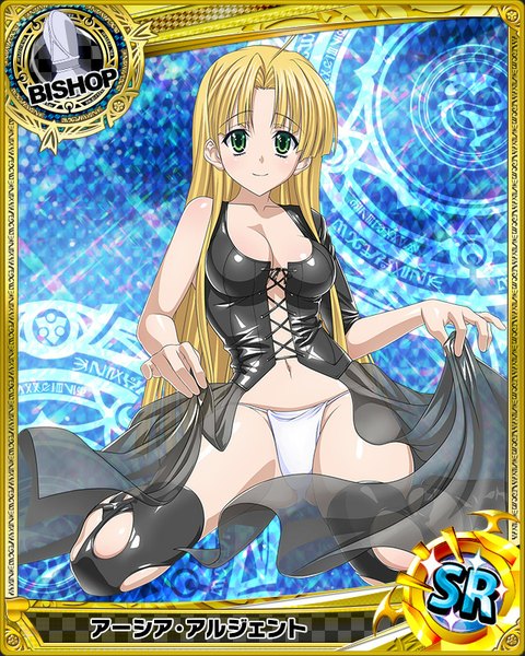 Anime picture 640x800 with highschool dxd asia argento single long hair tall image looking at viewer breasts light erotic blonde hair green eyes card (medium) girl thighhighs dress navel underwear panties black thighhighs black dress