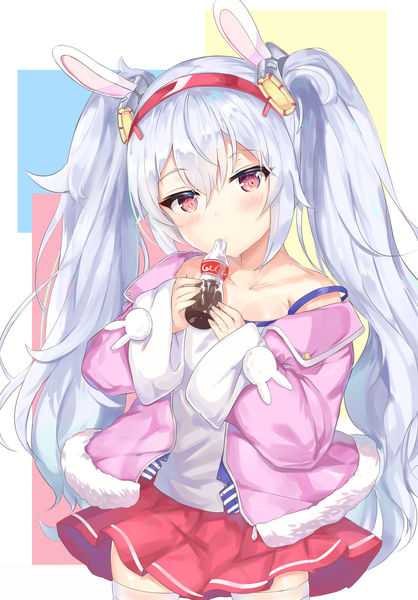 Anime picture 2300x3300 with azur lane laffey (azur lane) lisu single long hair tall image looking at viewer blush fringe highres simple background hair between eyes red eyes standing twintails holding animal ears payot silver hair parted lips