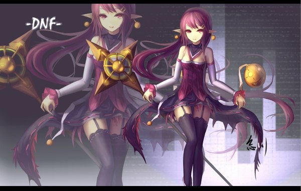 Anime picture 1445x921 with dungeon and fighter wangchuan de quanyan long hair smile bare shoulders purple hair pink eyes pointy ears letterboxed girl thighhighs dress detached sleeves earrings garter straps staff